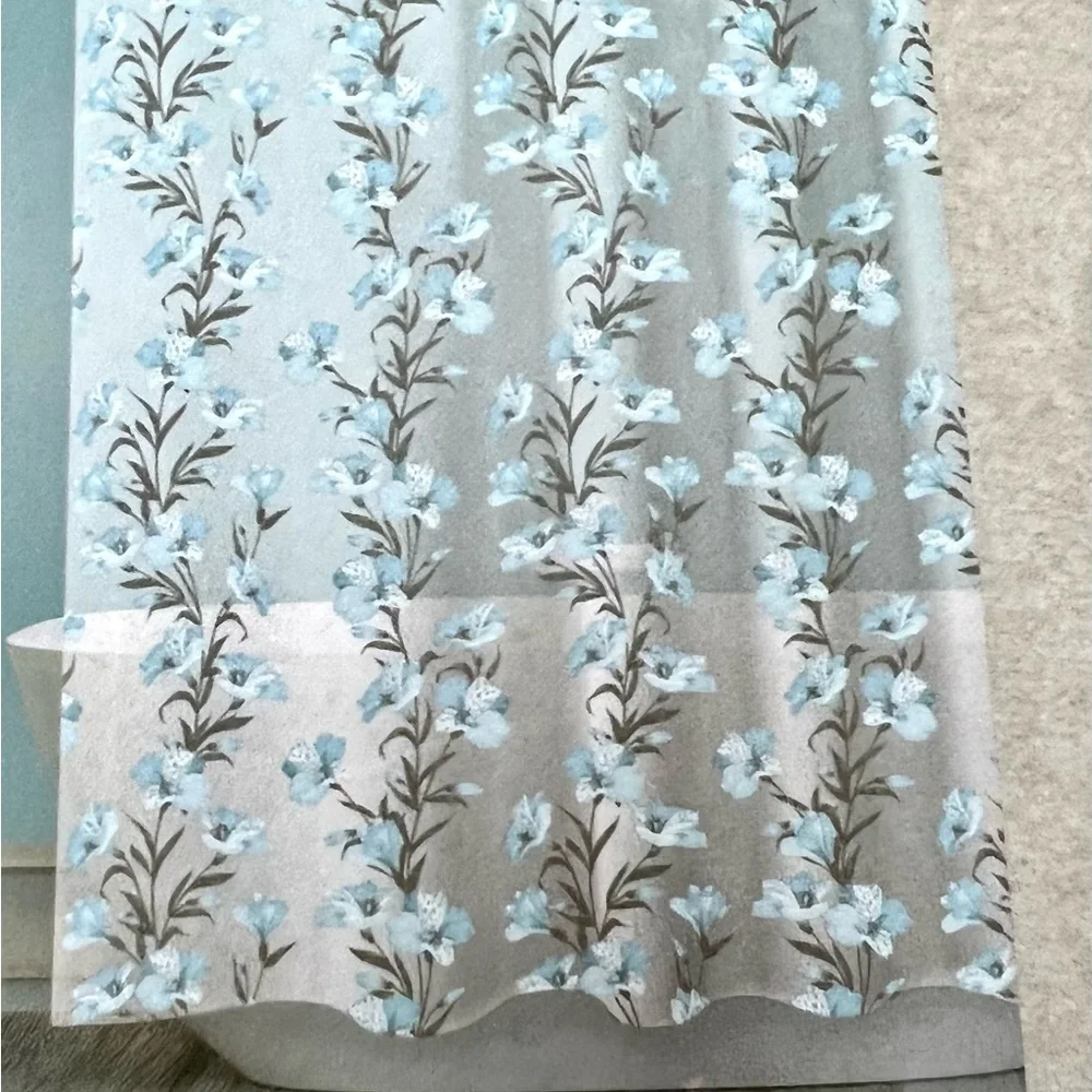 Blue Hawaii Peva Shower Curtain Blue Gray Flowers Leaves Metal Grommets